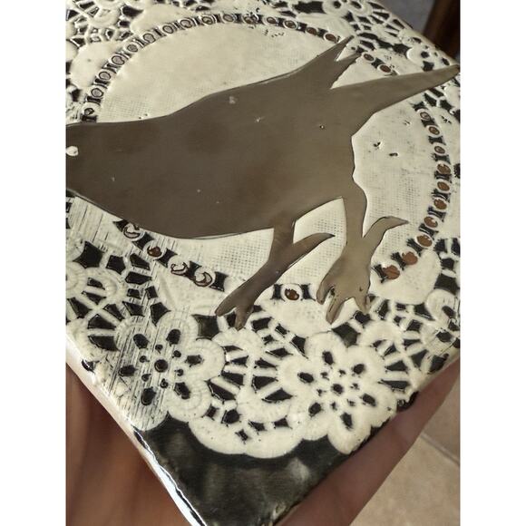 Handcrafted Clay Ceramic Tile Wall Hanging doily textured bird metallic mirror - Picture 3 of 6
